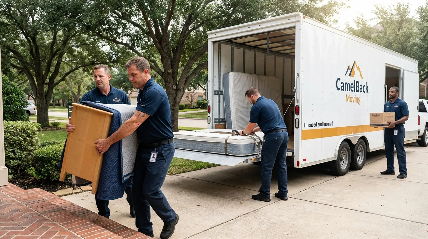 Crew loading residential truck for cross-state move from Dilley, TX
