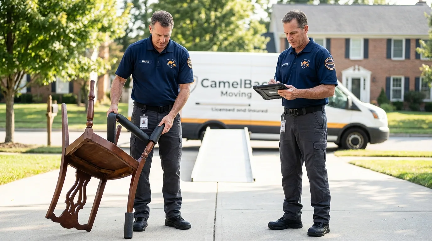 Movers inspecting furniture for damage prevention before loading in Dilley, TX