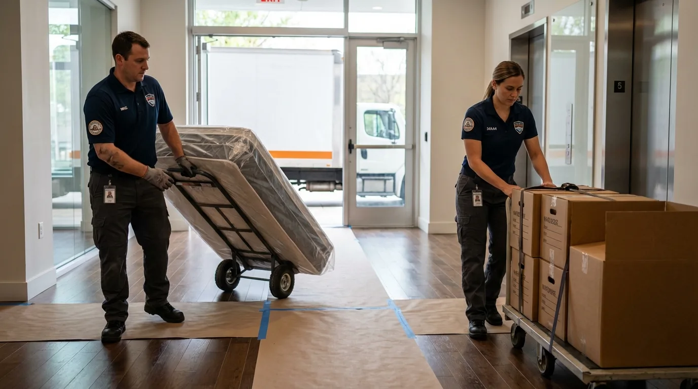 Professional apartment movers loading elevator in Dilley, TX